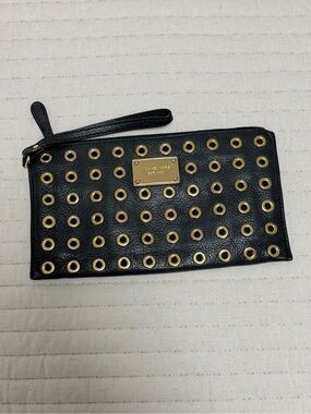 Michael Kors Black Leather Wristlet with Gold Grommet Accents